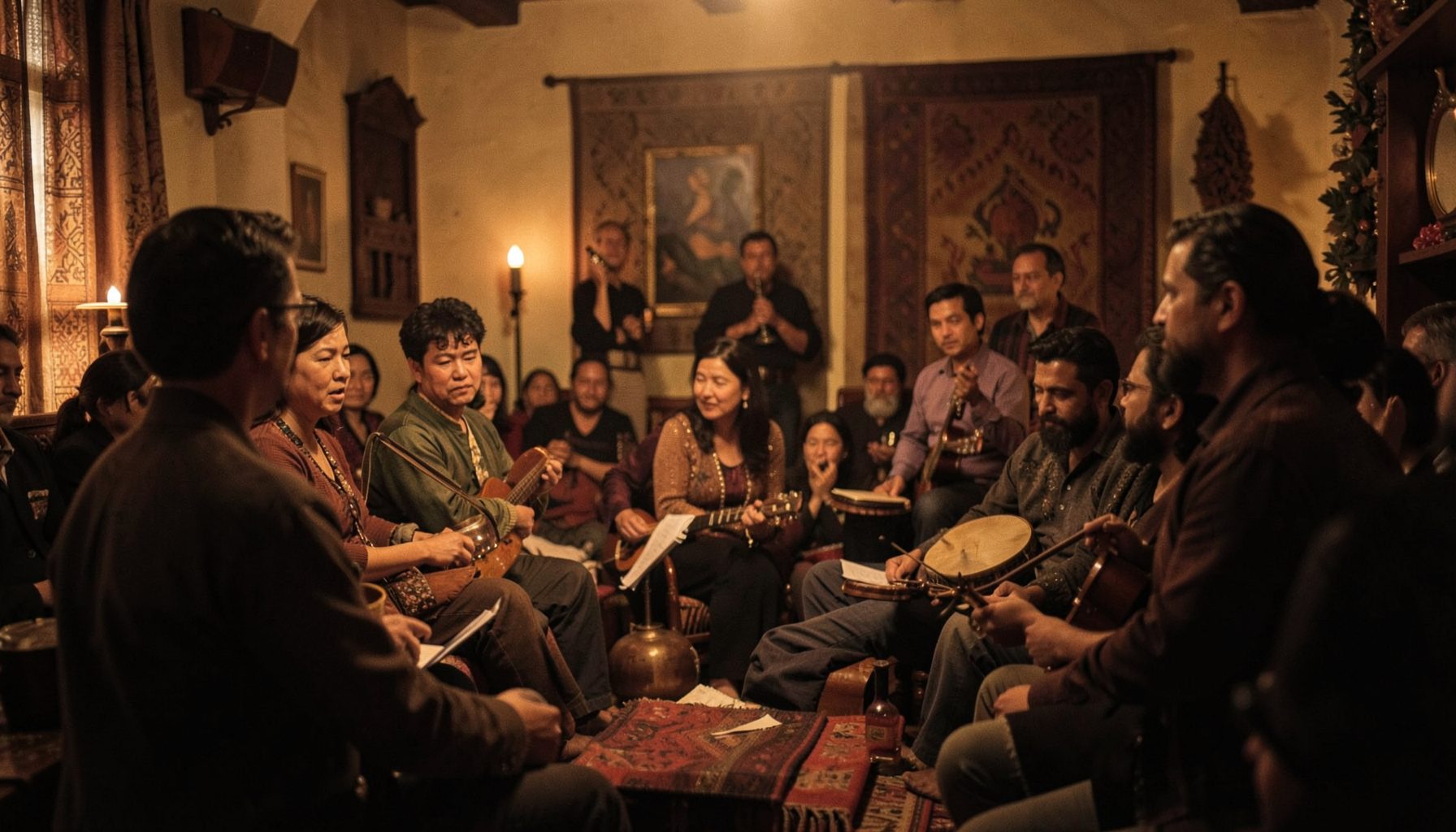 Softly lit interior of a traditional music gathering with warm amber and brown tones, evoking intimacy and cultural heritage
